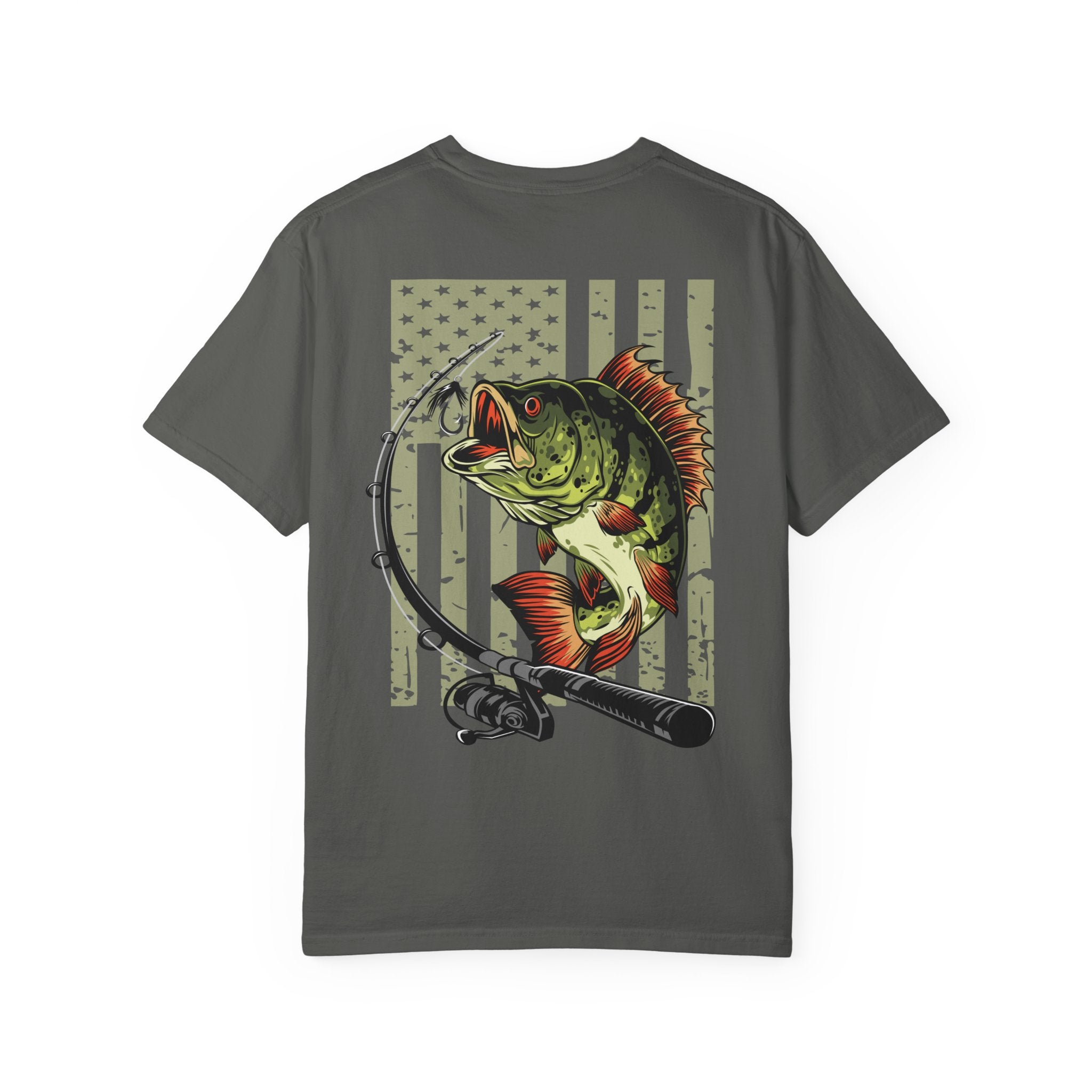 Bass Fishing T‑Shirt — American Flag Lure & Rod Graphic