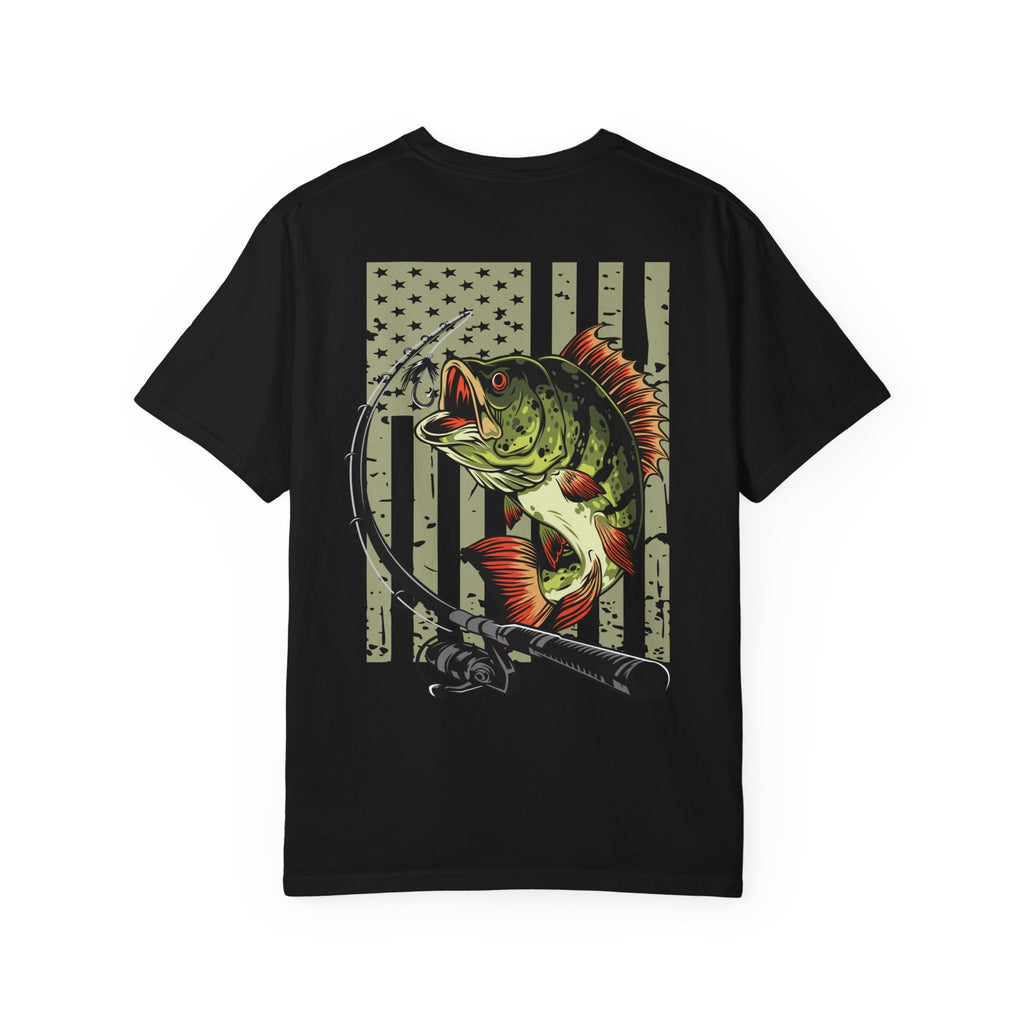 Bass Fishing T‑Shirt — American Flag Lure & Rod Graphic