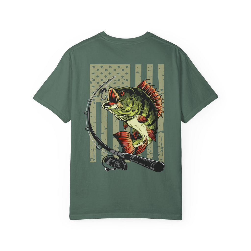 Bass Fishing T‑Shirt — American Flag Lure & Rod Graphic